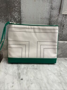Tory Burch White and Green Perforated Sport Wristlet-NEW
